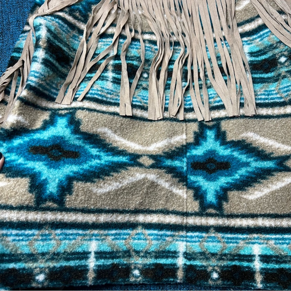 Rock N Roll Southwestern Fringe Boho Open Front Jacket Aztec Print in Blue Tan - Picture 4 of 7